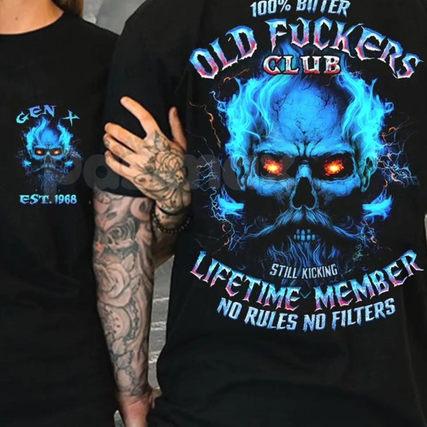Pasimax Crazymoda Generation X 100% Bitter Old F*ckers Club Custom Year Skull T-shirt - Rude Gen X Slogan Tee, Sarcastic Old 