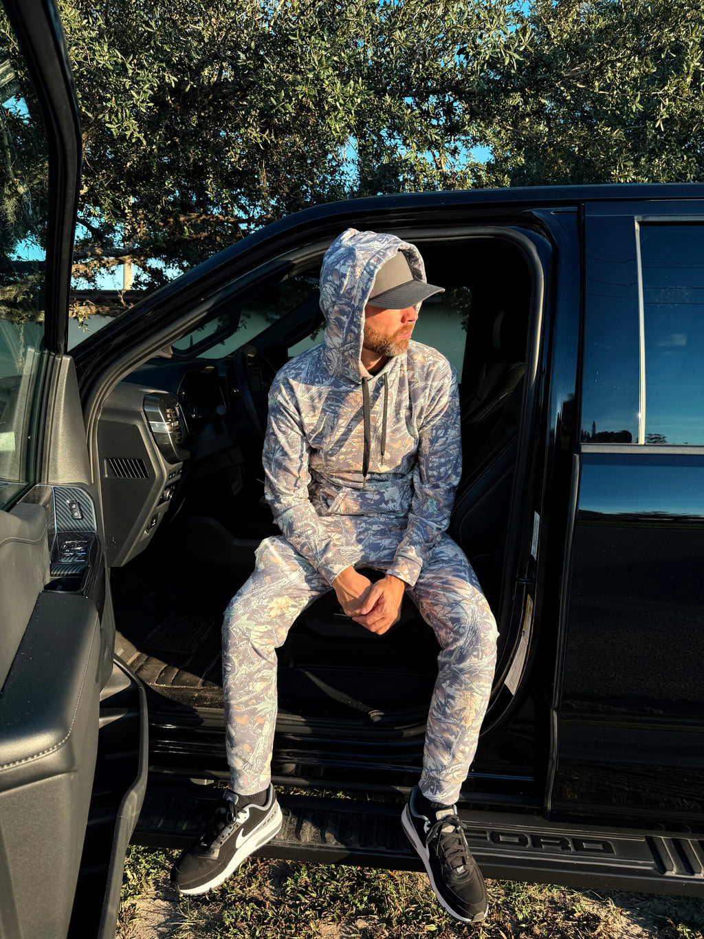 Luckless Outfitters Faded Camo Wide String Hoodie — detail close-up