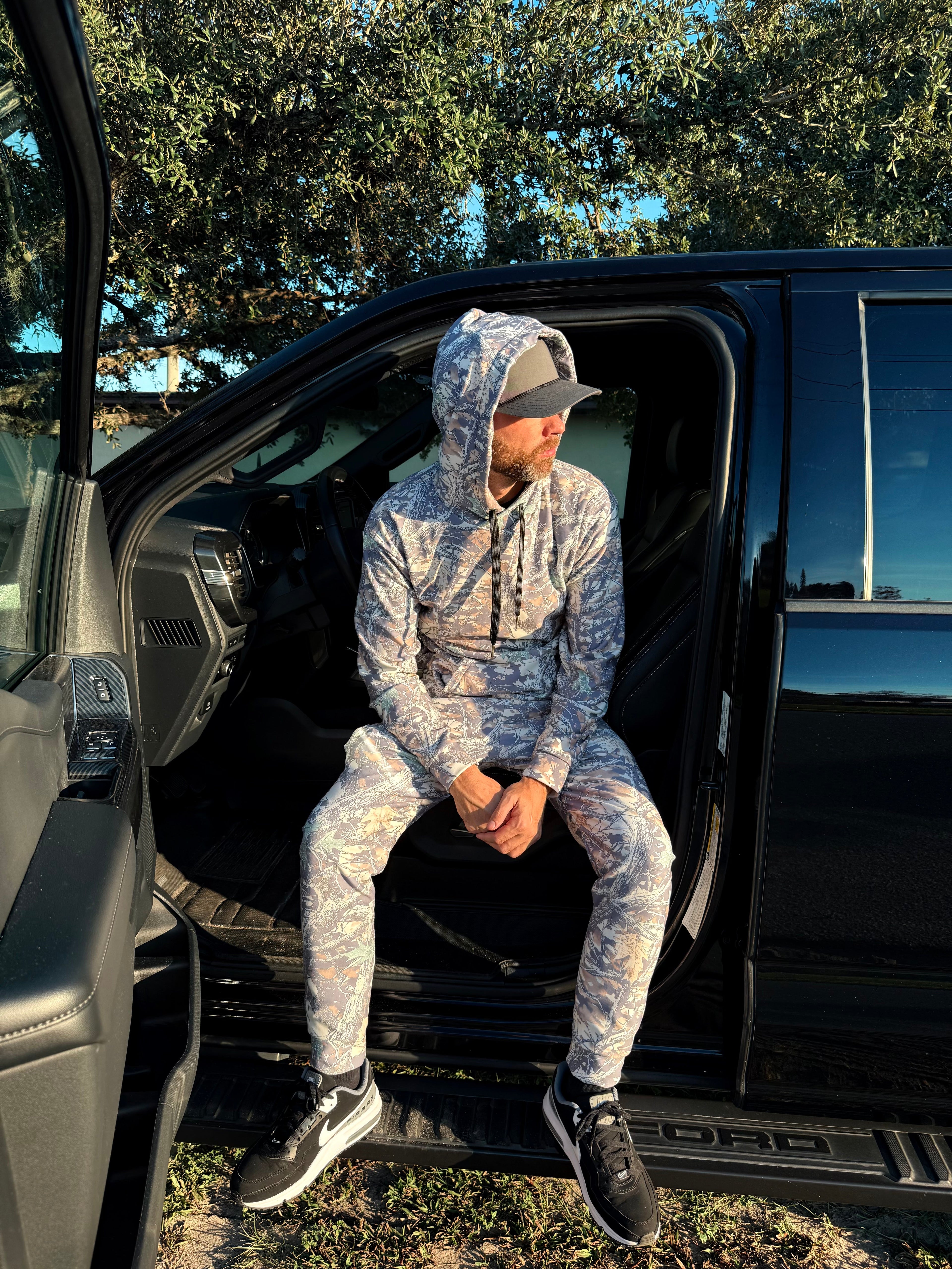 Luckless Outfitters Faded Camo Wide String Hoodie — detail close-up