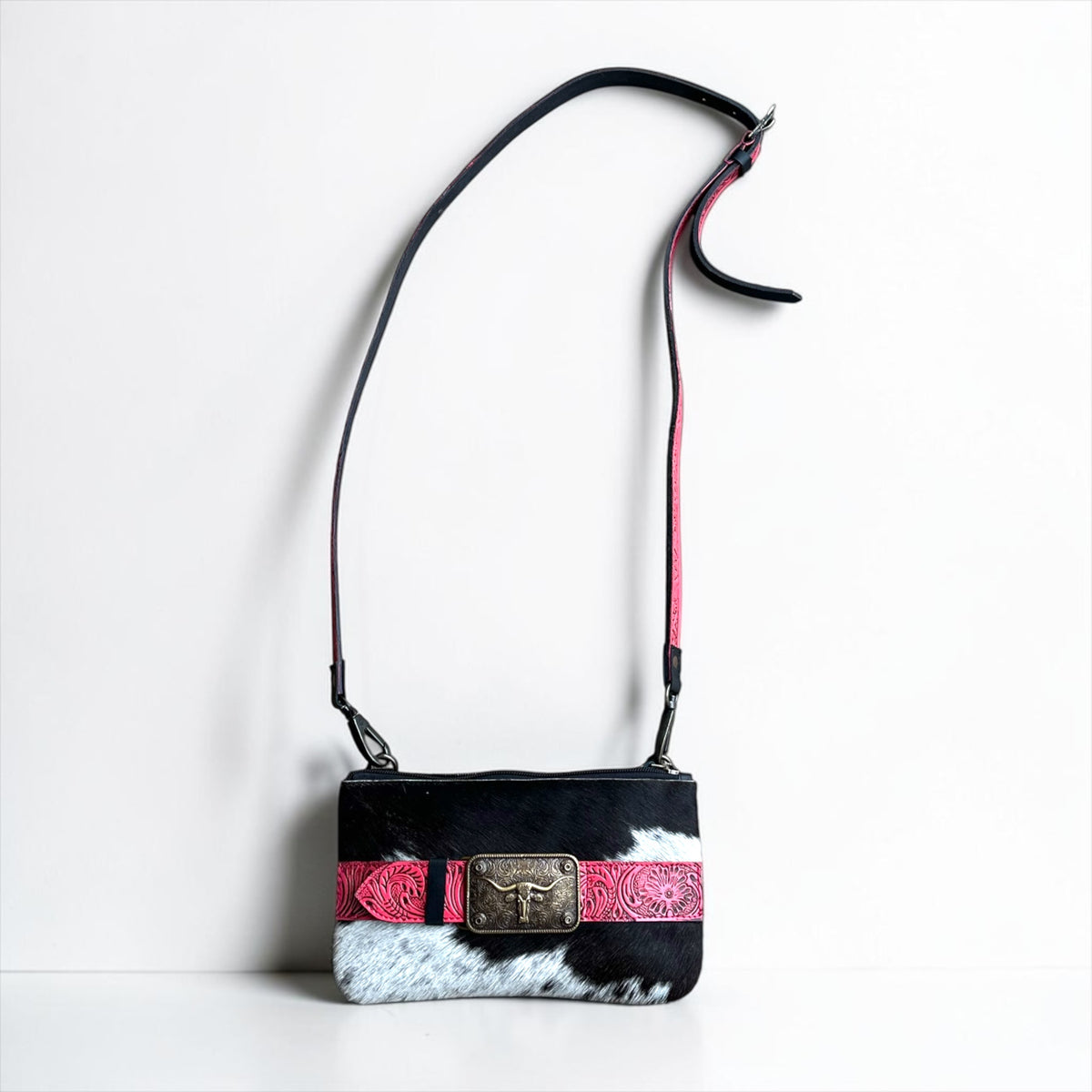 Genuine Leather and Cowhide Buckle Wristlet/Crossbody