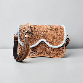 TAN/WHITE TOOLED LEATHER CROSSBODY BAG