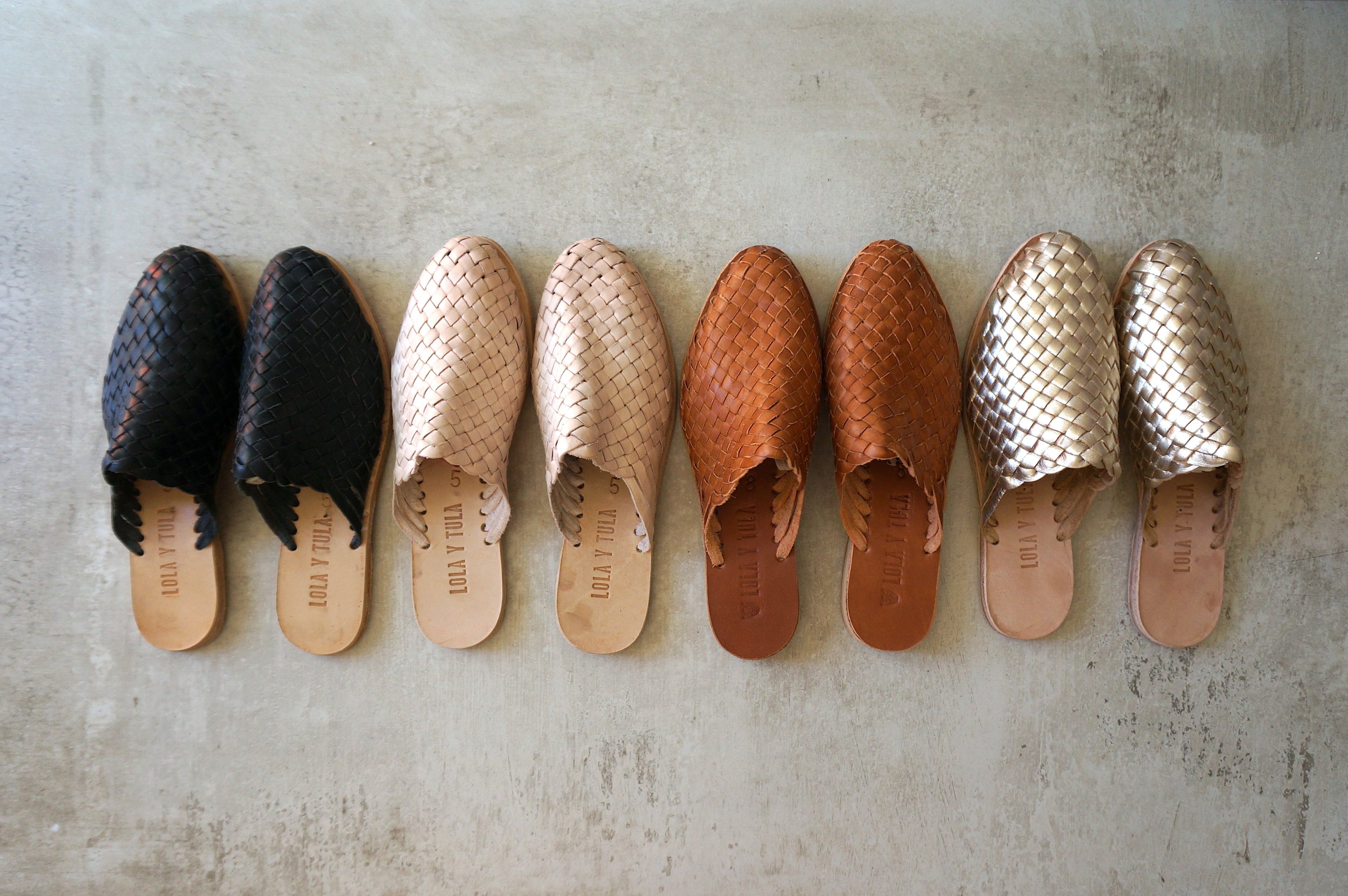 LOLA Y TULA Hand Woven Leather Slides Cream — back view
