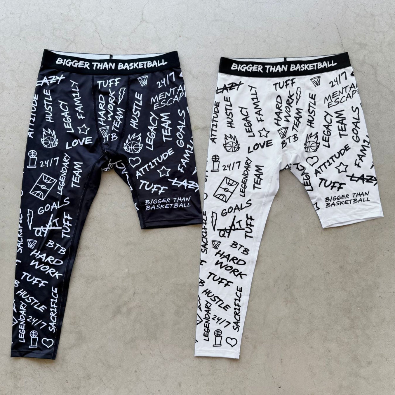 Bigger Than Basketball Emotions - Single-Leg Compression Tights - Right - White — Bigger Than Basketball branding close-up