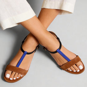 Women's Colour-Block T-Strap Flat Sandals – Open Toe with Buckle Ankle Strap