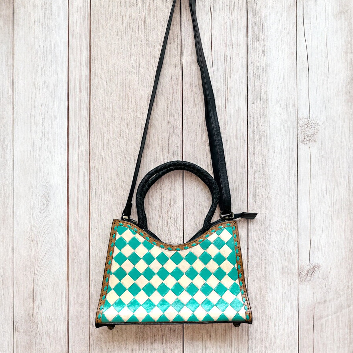 Checkered Tote Crossbody Turquoise
