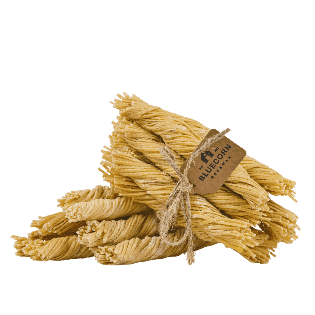 Bluecorn Candles Beeswax Wick Fire Starter — detail and construction