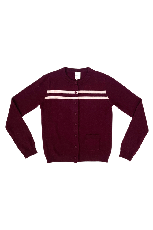 CASHMERE WOOL STRIPE CARDIGAN IN RASPBERRY CREAM