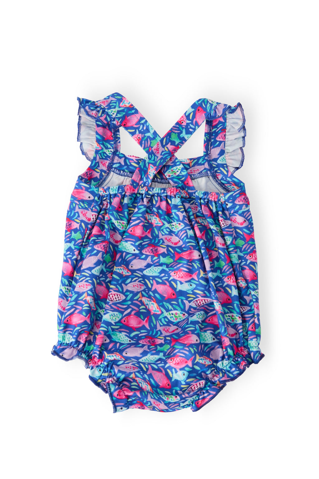 Mila & Rose ® Fish in the Sea Ruffle Cross Back Romper — detail close-up