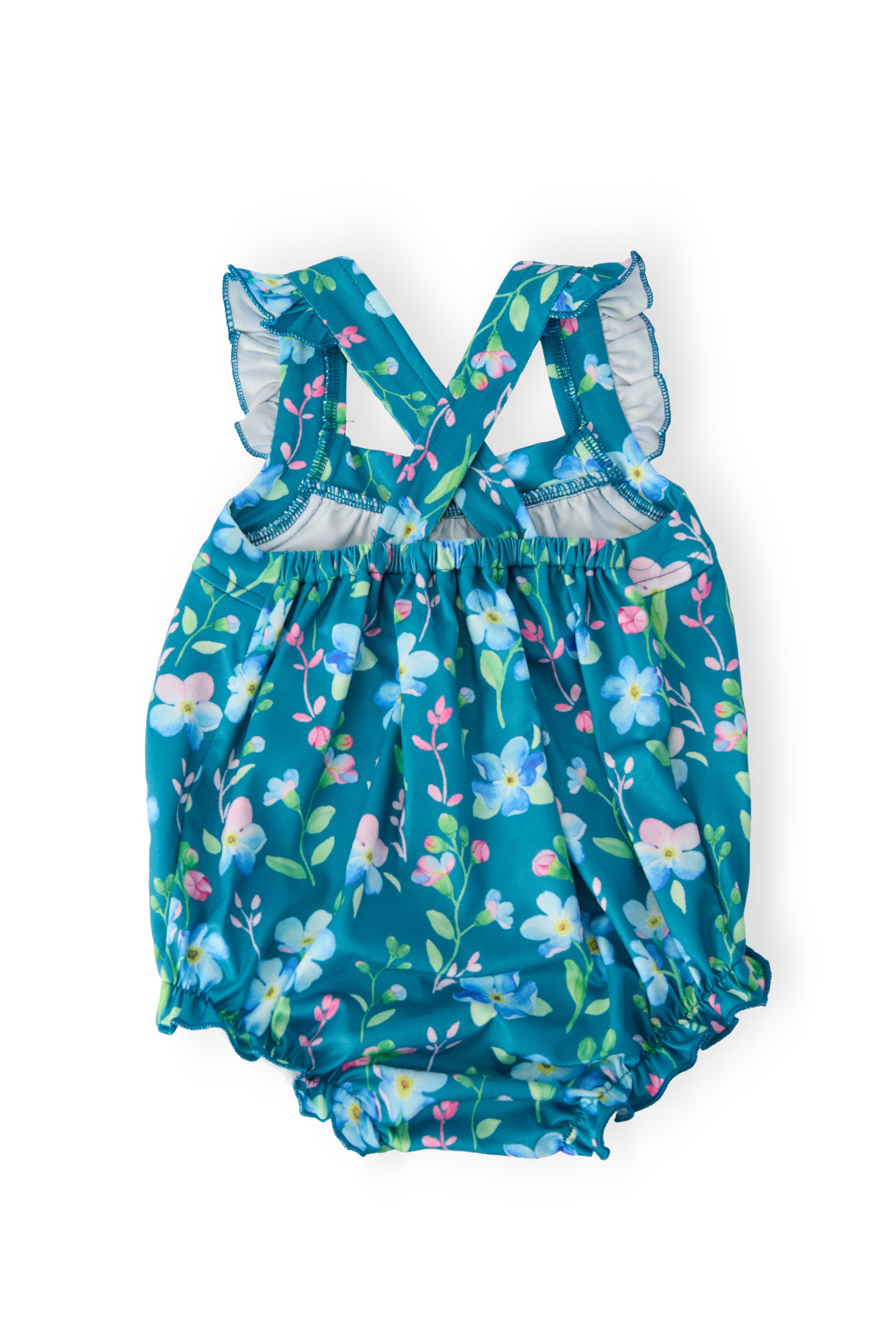 Mila & Rose ® Floral Breeze Ruffle Cross Back Romper — detail close-up