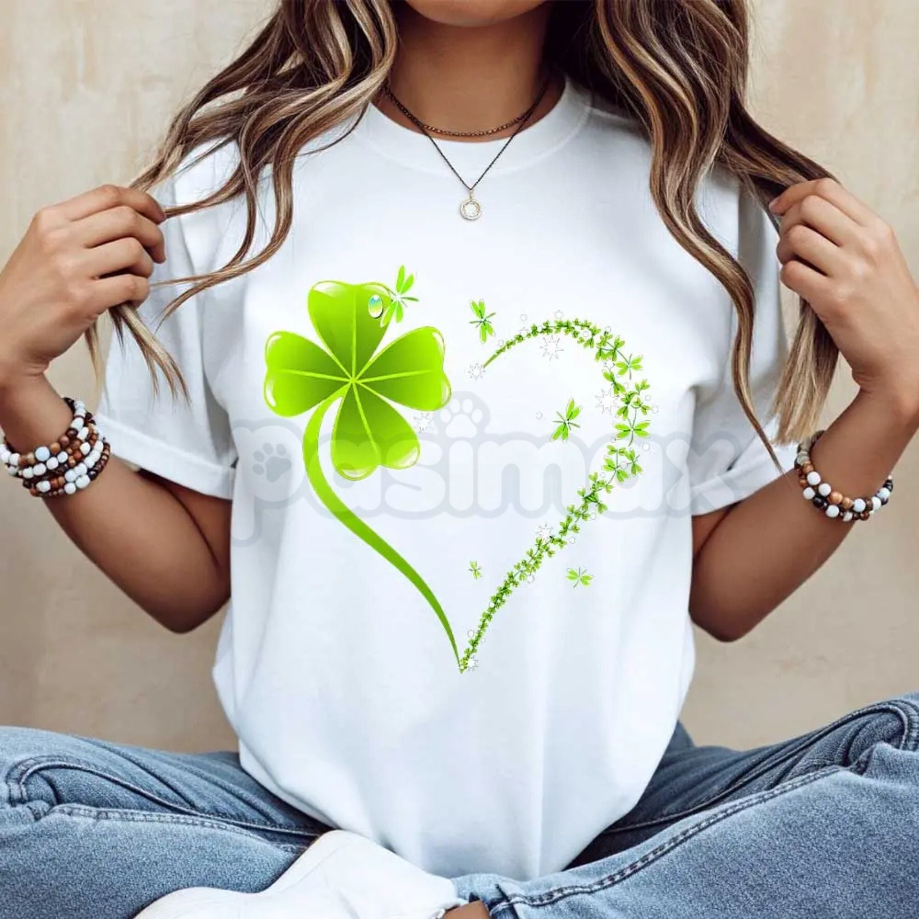 Pasimax Four Leaf Clover Heart St. Patrick's Day T-Shirt - Lucky Clover Heart Graphic Tee, Premium 100% Cotton Crew Neck Cele