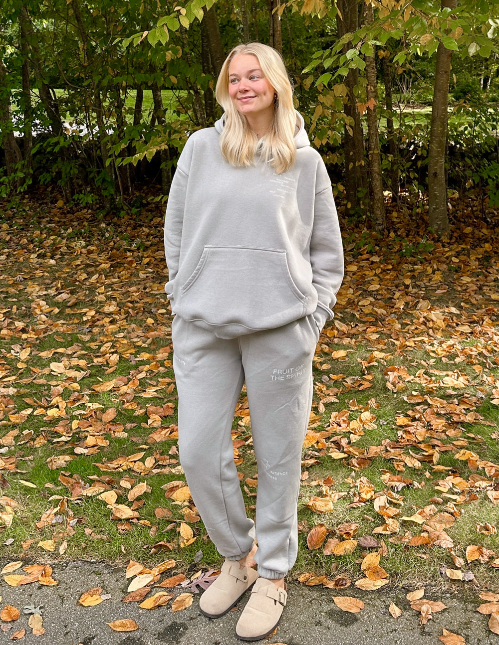 Elevated Faith Fruit of the Spirit Grey Unisex Sweatpant — Elevated Faith branding close-up