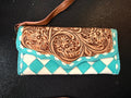 Genuine Leather Hand Tooled Turquoise Checkered Wallet