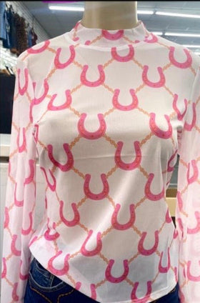 Lucky and Blessed Mesh Top Pink Horseshoe