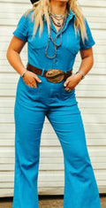Lucky & Blessed COBALT BLUE STRETCH DENIMJUMPSUIT W FRONT POCKETS PLUS SIZE