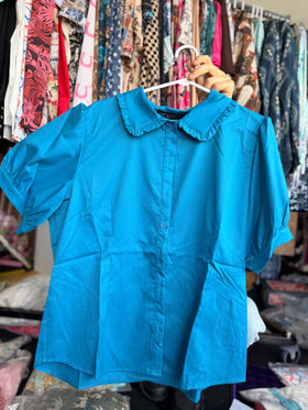 Collared Button Down Puff Short Sleeve Shirt.