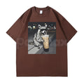 Pasimax Funny Raccoon Drinking Iced Coffee T-Shirt - Caffeinated Trash Panda Graphic Tee, Relatable Iced Coffee Lover Shirt, 