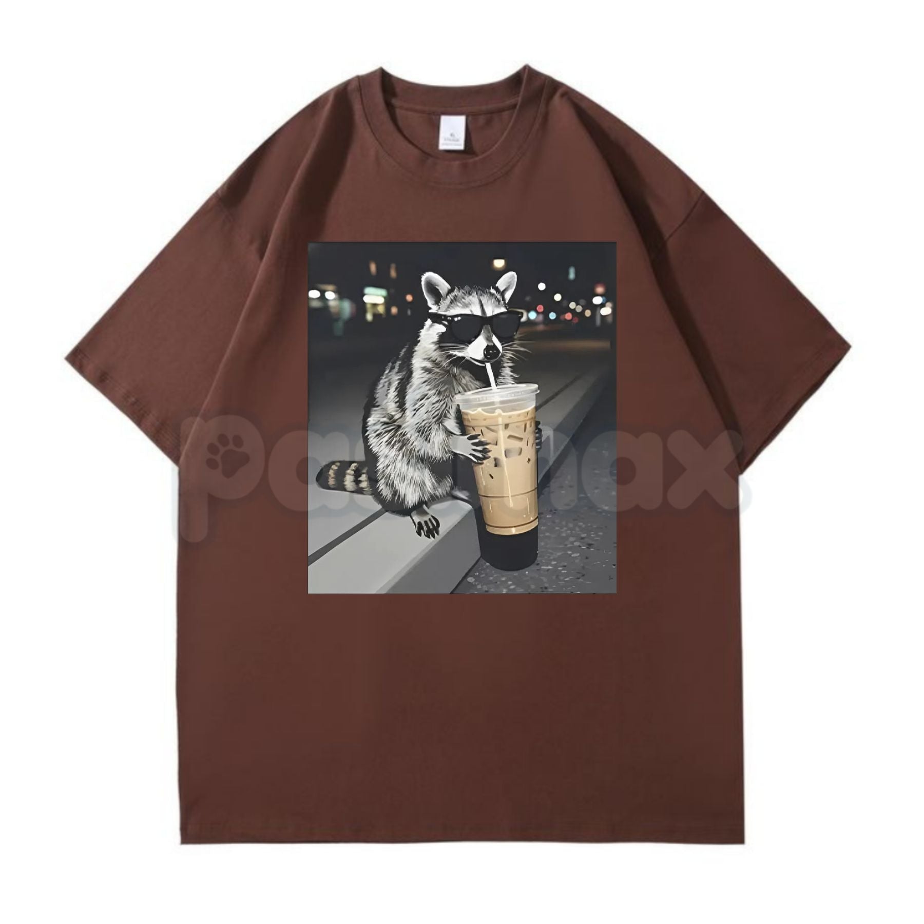 Pasimax Funny Raccoon Drinking Iced Coffee T-Shirt - Caffeinated Trash Panda Graphic Tee, Relatable Iced Coffee Lover Shirt, 