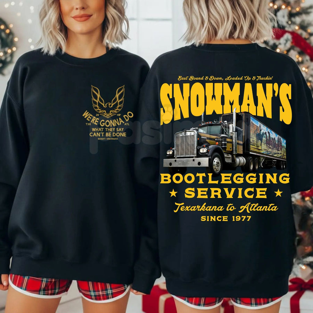 Pasimax Funny Snowman's Bootlegging Service 2-Sided Sweatshirt | Prohibition Era Holiday Humor Crewneck — main product shot