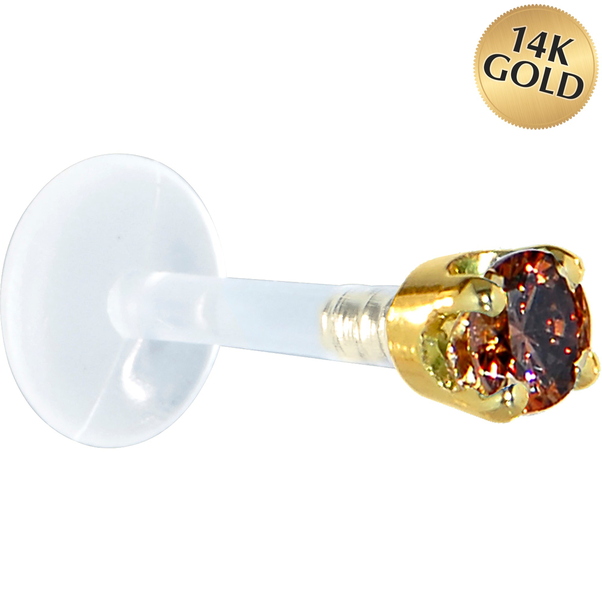 BodyCandy 16G 5/16 Solid 14K Yellow Gold 3mm Brown Cubic Zirconia Bioplast Tragus Earring Stud — main product shot