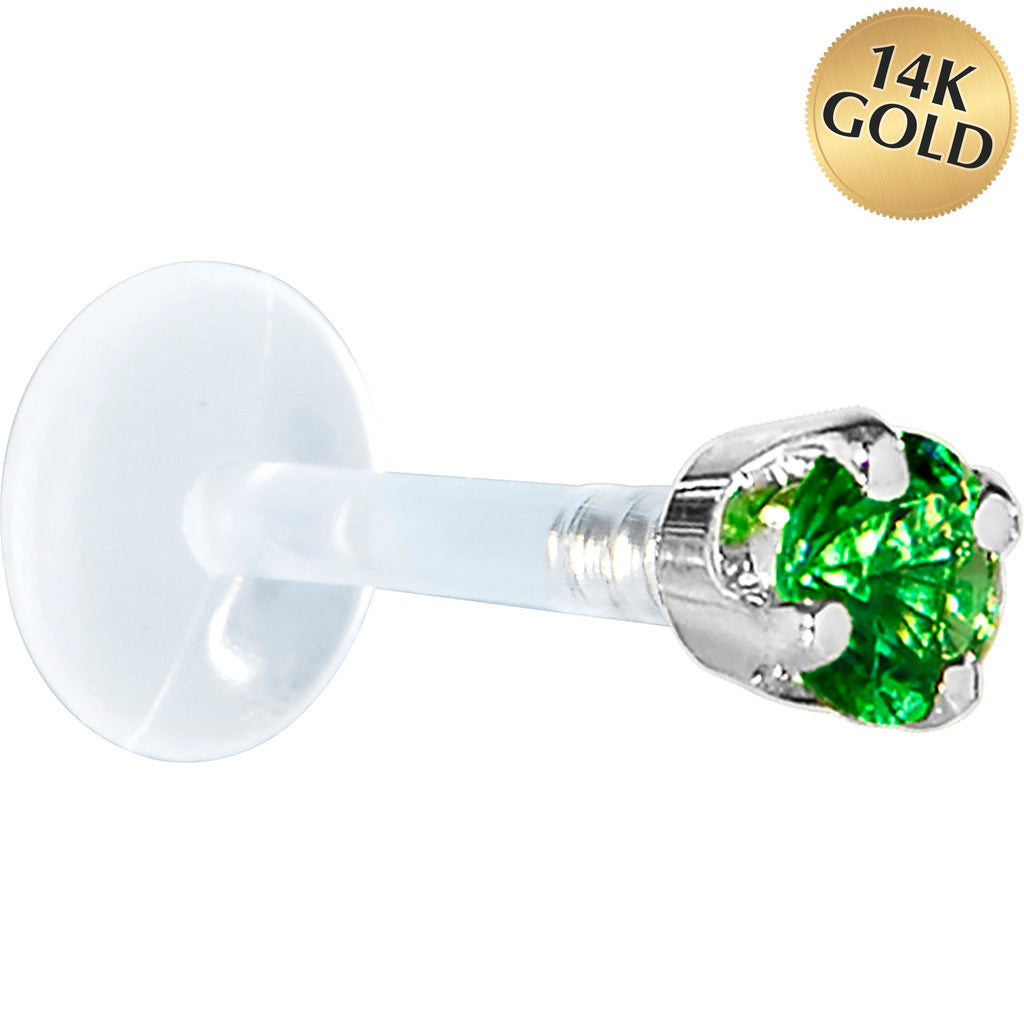 BodyCandy 16G 5/16 Solid 14K White Gold 3mm Green Cubic Zirconia Bioplast Tragus Earring Stud — main product shot