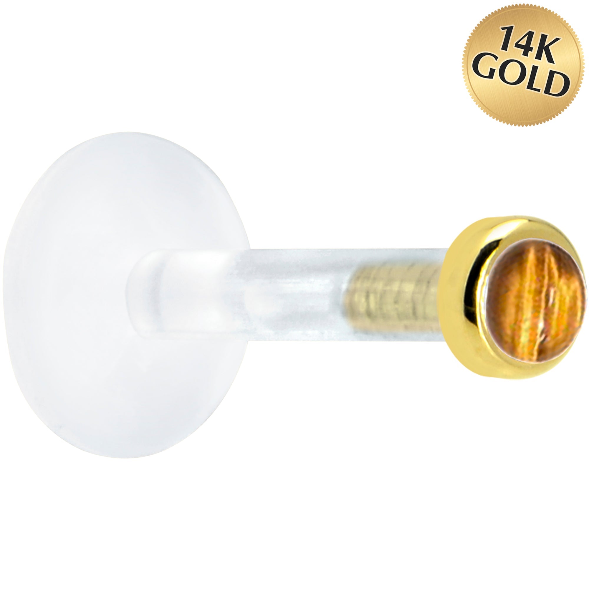 BodyCandy Solid 14K Yellow Gold 2mm Genuine Tiger Eye Bioplast Push in Labret — main product shot