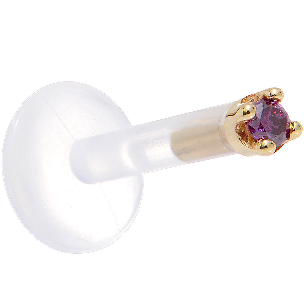 BodyCandy Solid 14K Yellow Gold 1.5mm Genuine Purple Diamond Bioplast Push in Labret — detail close-up