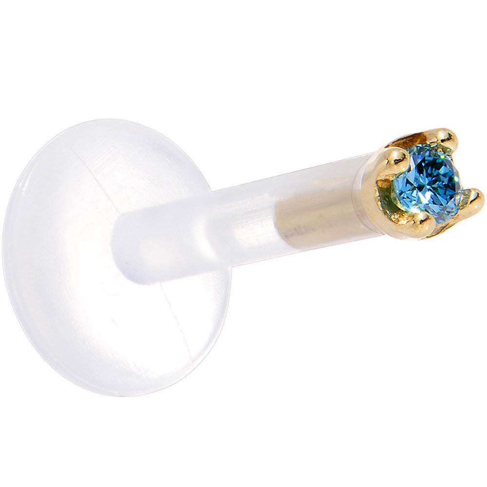 BodyCandy Solid 14K Yellow Gold 1.5mm Genuine Blue Diamond Bioplast Push in Labret — detail close-up