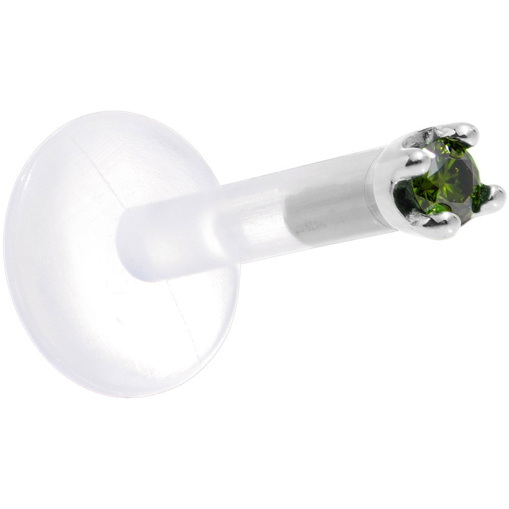 BodyCandy Solid 14K White Gold 1.5mm Genuine Green Diamond Bioplast Push in Labret — detail close-up