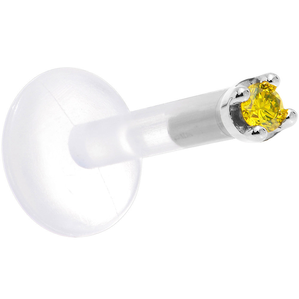 BodyCandy Solid 14K White Gold 1.5mm Genuine Yellow Diamond Bioplast Push in Labret — detail close-up