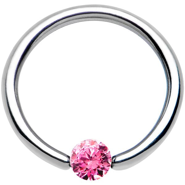 BodyCandy 16G 7/16 Solid 14k White Gold 3mm Pink Cubic Zirconia Tension Captive Ring — detail close-up