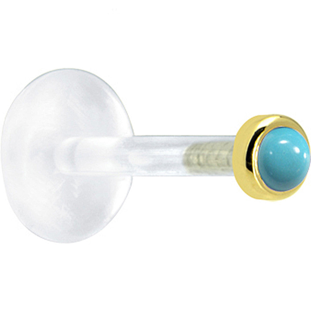 BodyCandy 16G 1/4 Solid 14K Yellow Gold 2mm Genuine Turquoise Bioplast Tragus Earring Stud — detail close-up