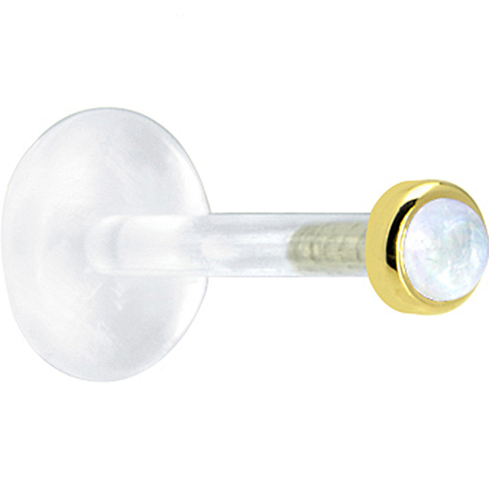 BodyCandy 16G 1/4 Solid 14K Yellow Gold 2mm Genuine Rainbow Moonstone Bioplast Tragus Earring Stud — detail close-up