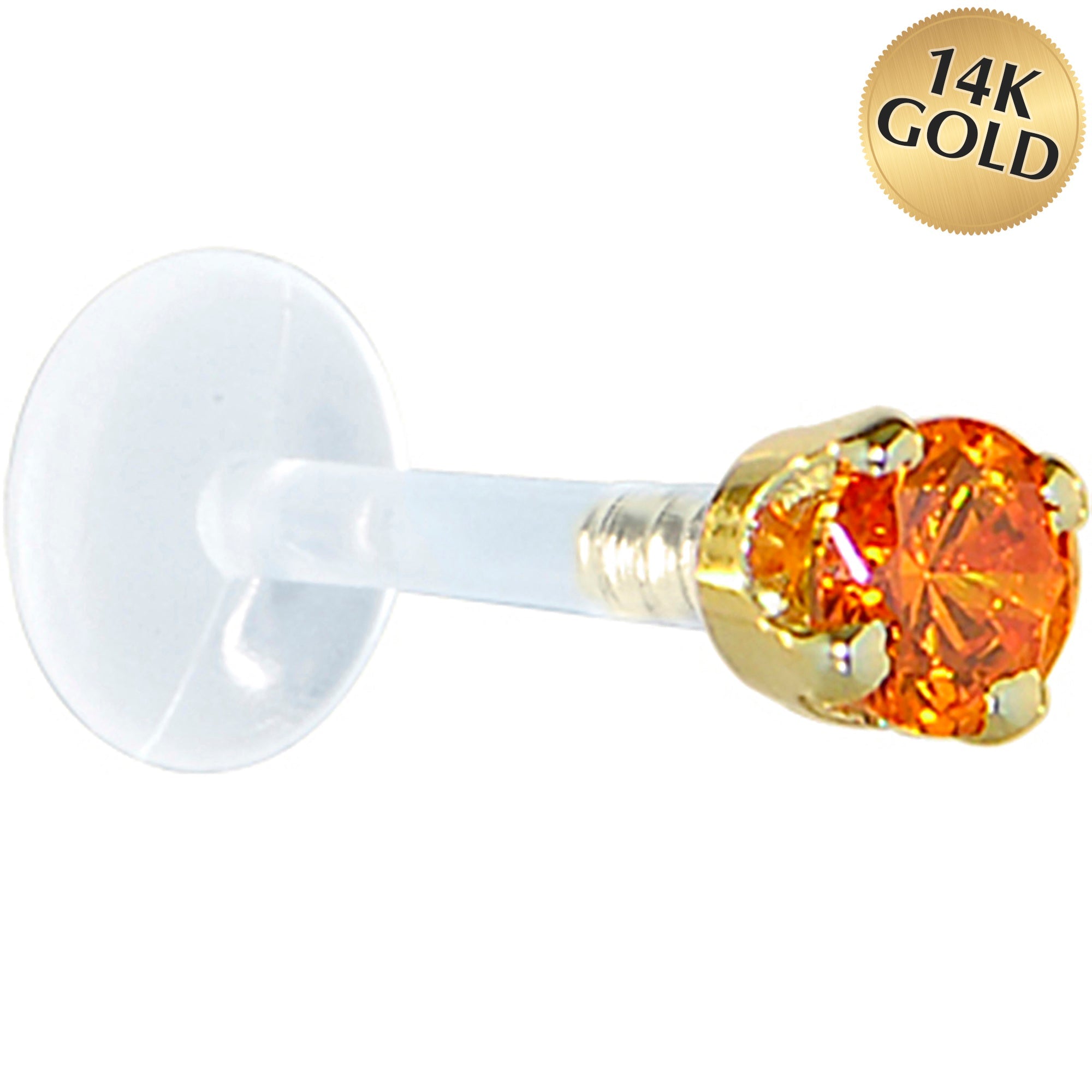 BodyCandy 16G 1/4 Solid 14K Yellow Gold 3mm Orange Cubic Zirconia Bioplast Tragus Earring Stud — main product shot