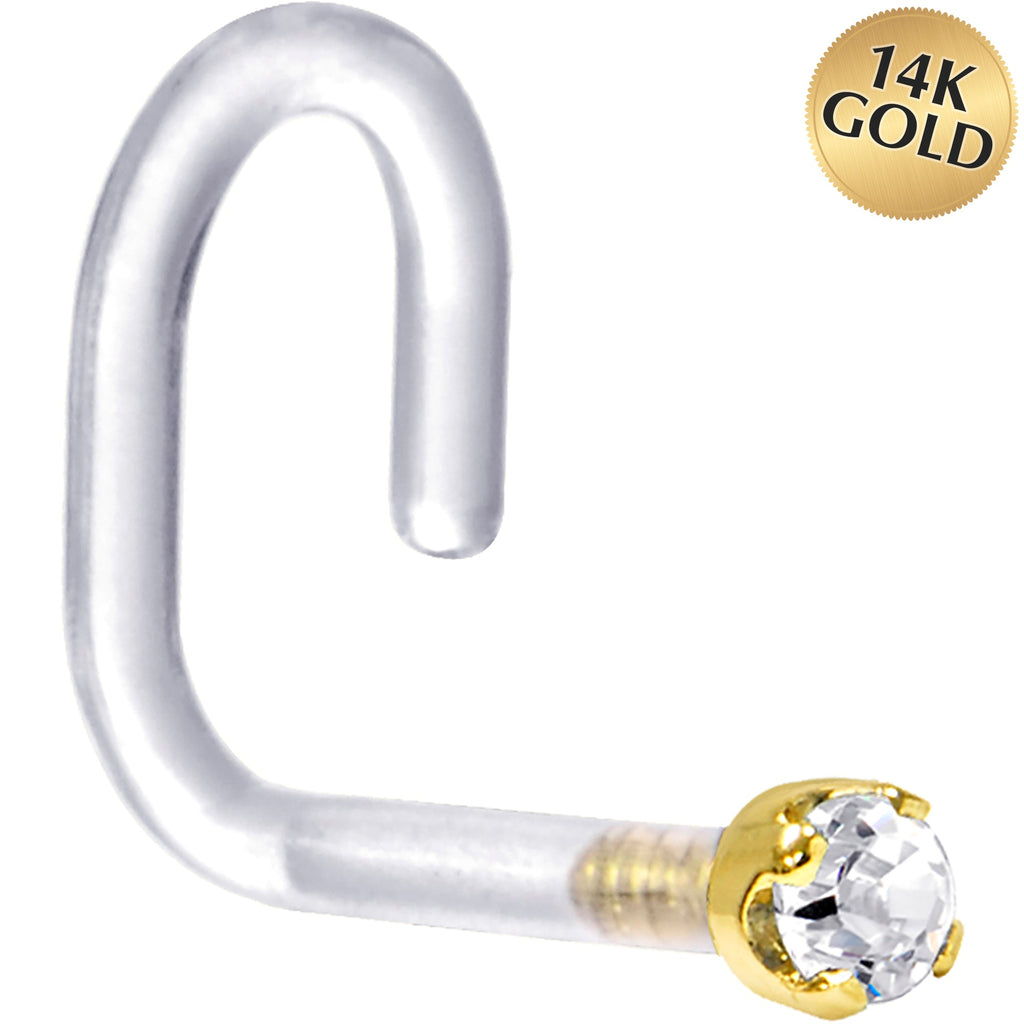 BodyCandy 18G 1/4 Yellow Gold 1.5mm Clear Cubic Zirconia Bioplast Nose Ring — detail close-up