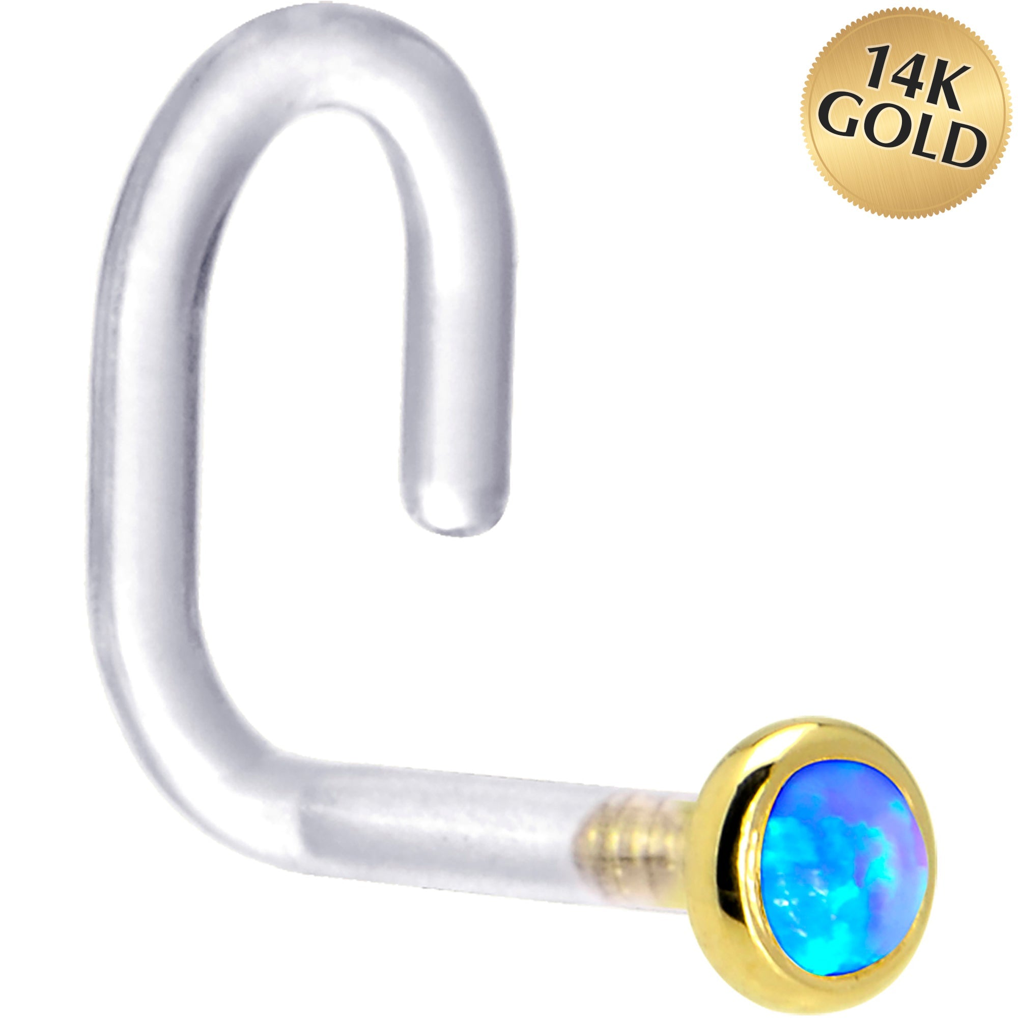 BodyCandy 18G 1/4 Yellow Gold 2mm Blue Synthetic Opal Bioplast Nose Ring — main product shot