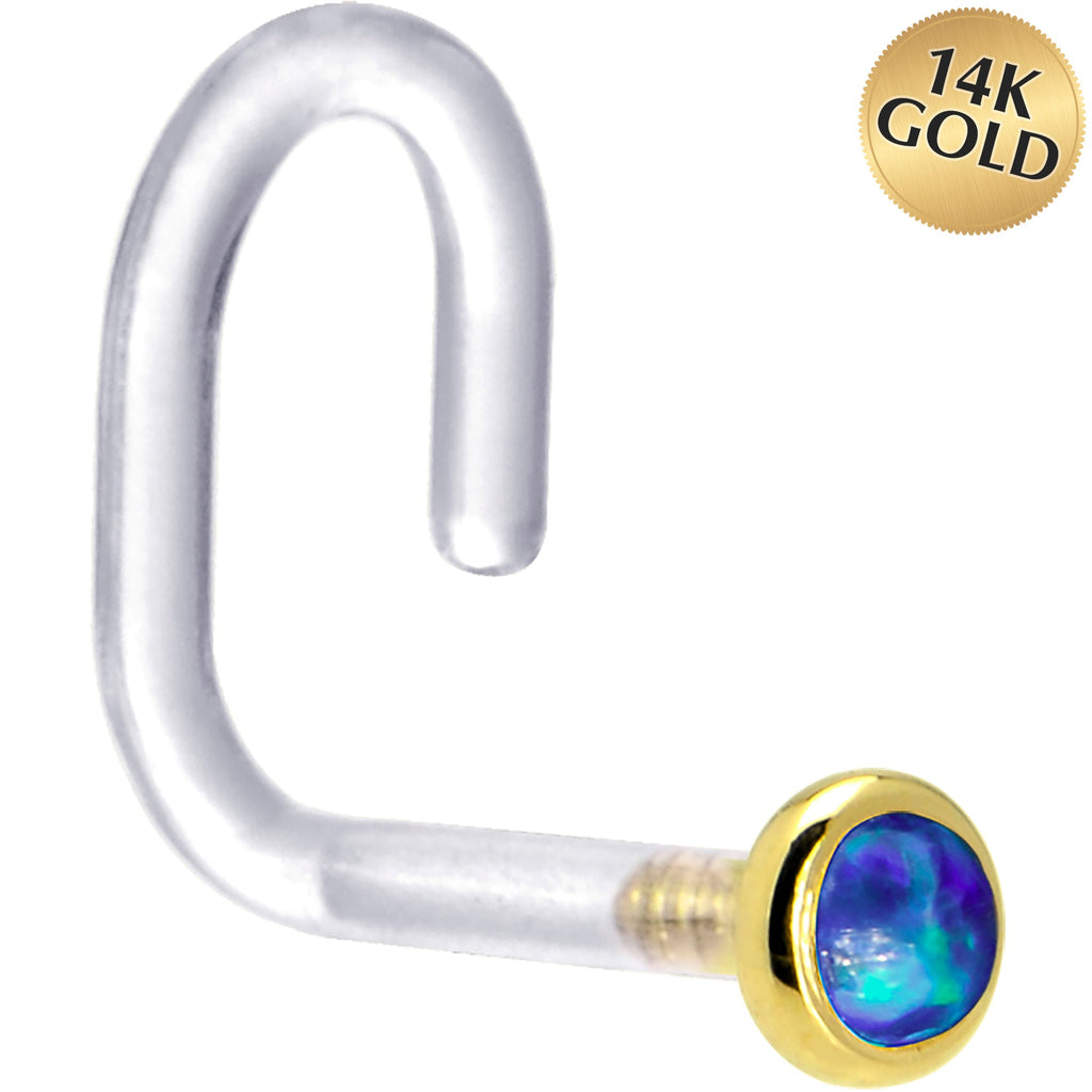 BodyCandy 18G 1/4 Yellow Gold 2mm Dark Blue Synthetic Opal Bioplast Nose Ring — main product shot