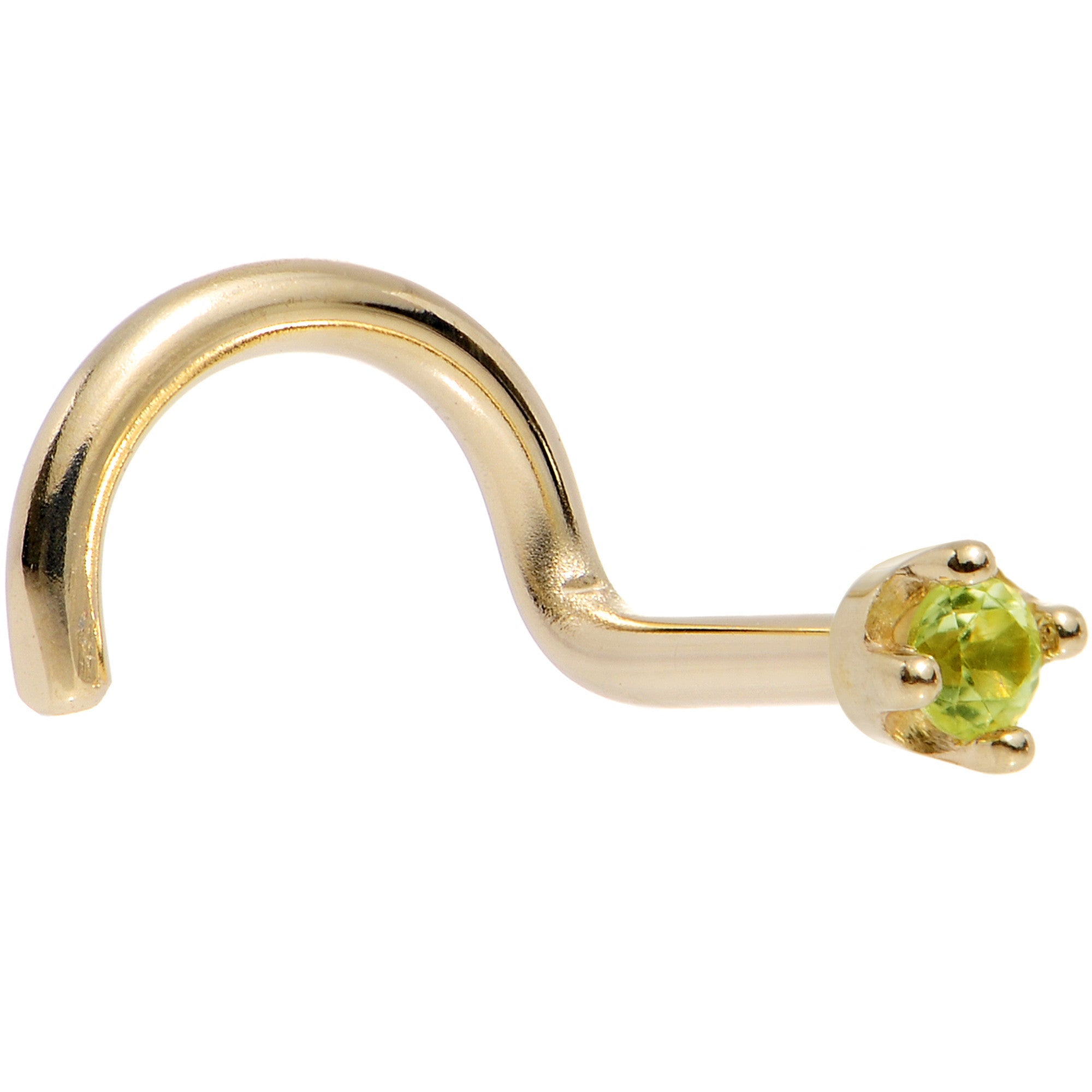 BodyCandy Solid 14K Yellow Gold 1.5mm Genuine Peridot Nose Ring — detail close-up