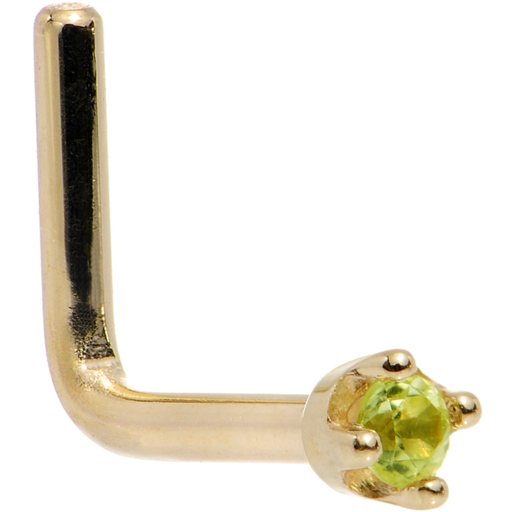 BodyCandy Solid 18K Yellow Gold 1.5mm Genuine Peridot Nose Ring — side view