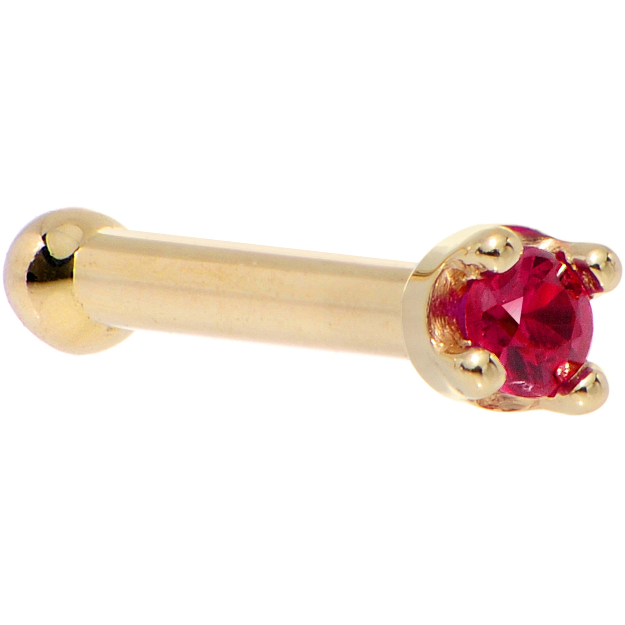 BodyCandy Solid 18K Yellow Gold 1.5mm Diamond Cut Genuine Ruby Nose Ring — side view