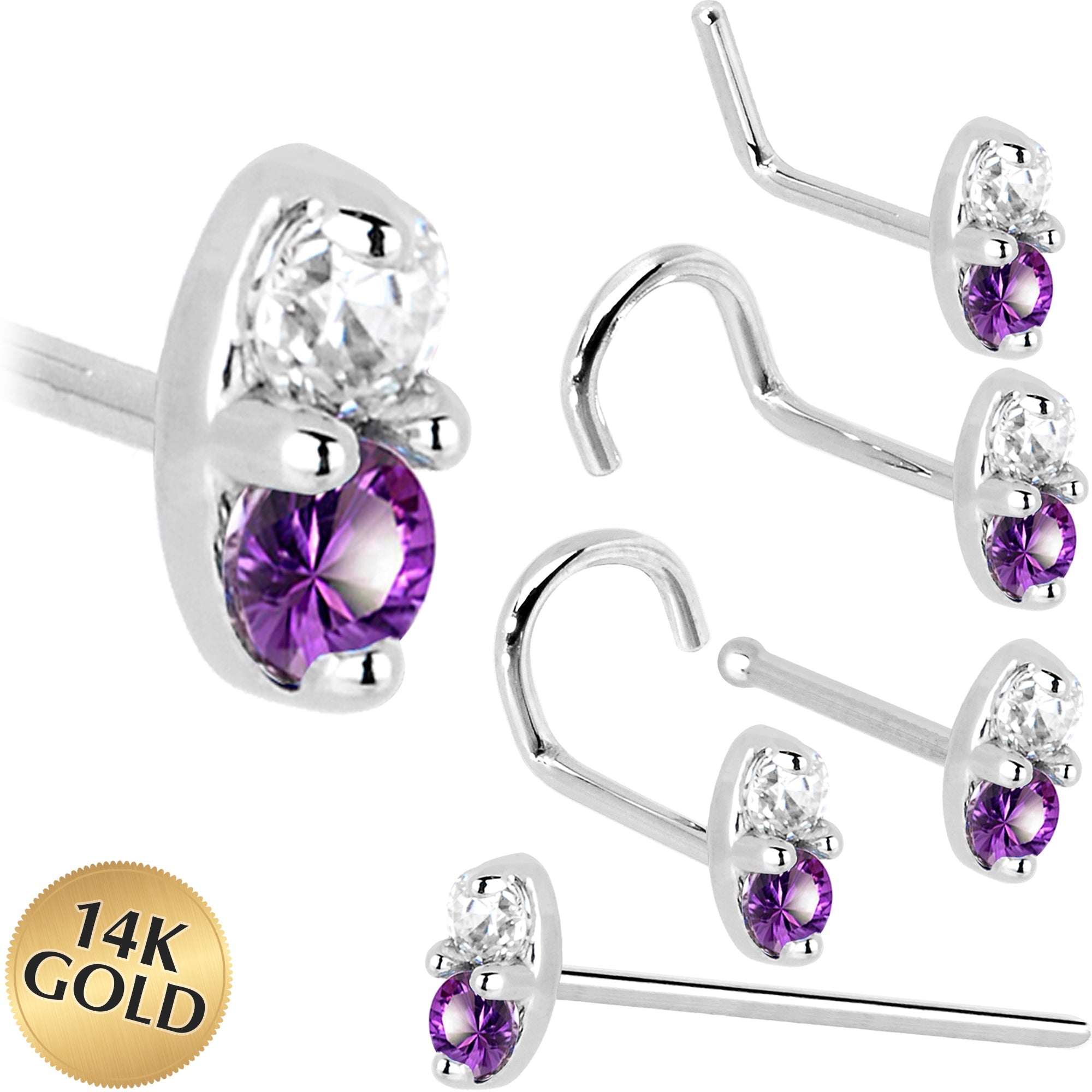 BodyCandy 14k White Gold Amethyst 1.5mm CZ Marquise Nose Ring — main product shot