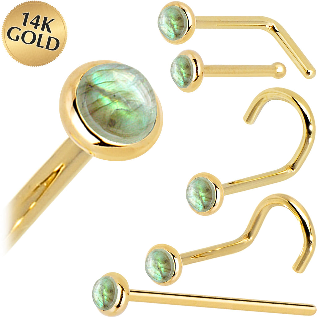 BodyCandy Solid 14K Yellow Gold 2mm Labradorite Nose Ring — color detail