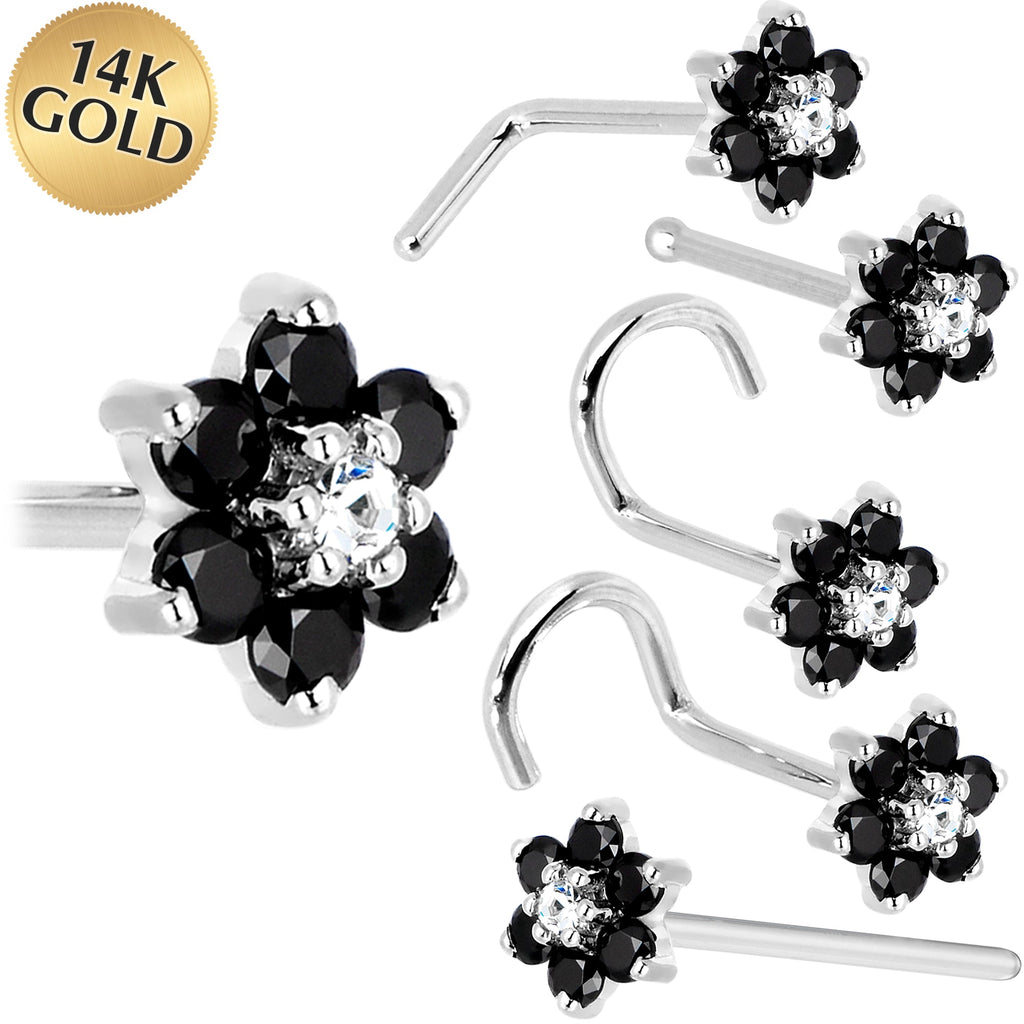 BodyCandy Solid 14K White Gold Black and Clear Cubic Zirconia Flower Nose Ring — main product shot