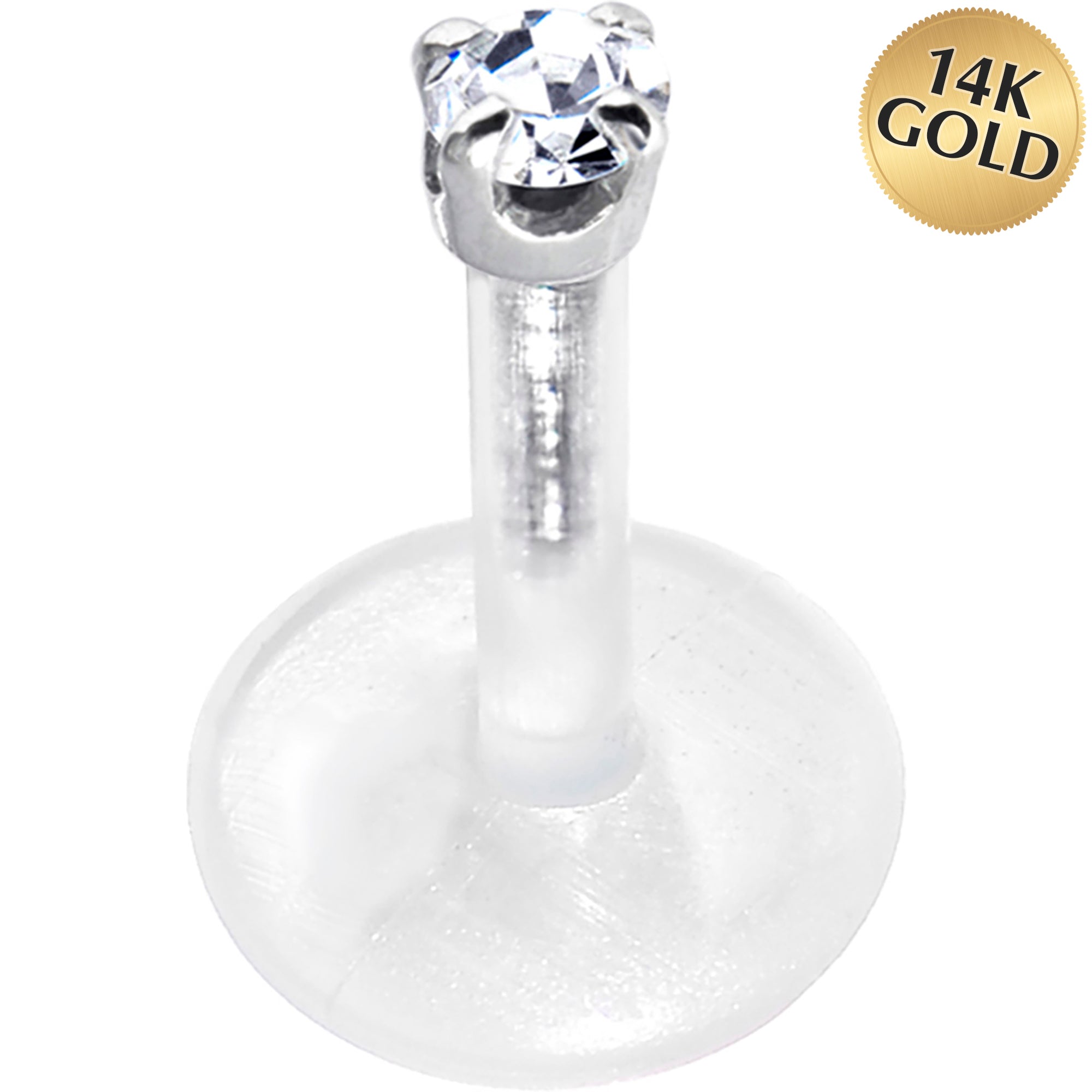 BodyCandy Solid 14K White Gold 1.5mm CZ Bioplast Push in Labret Monroe — back view