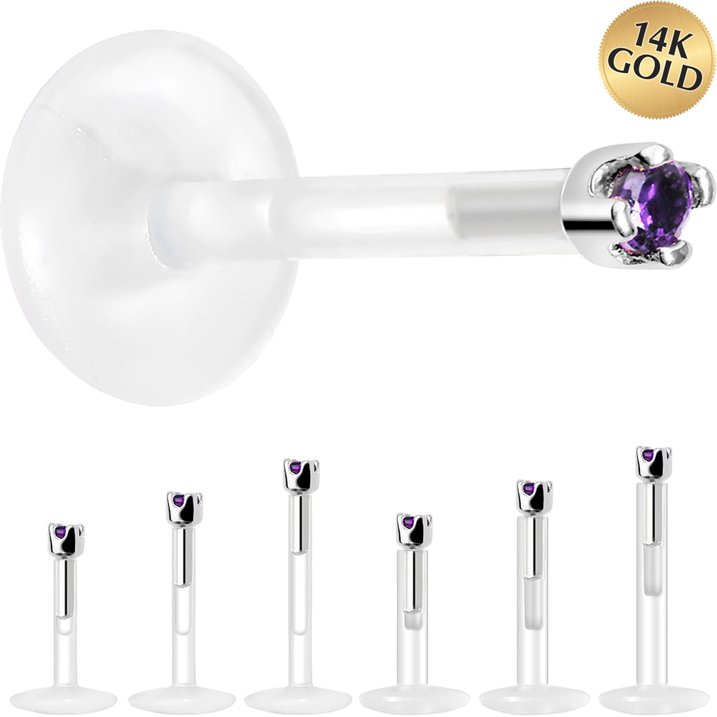 BodyCandy Solid 14K White Gold February 1.5mm CZ Bioplast Push in Labret Monroe — main product shot