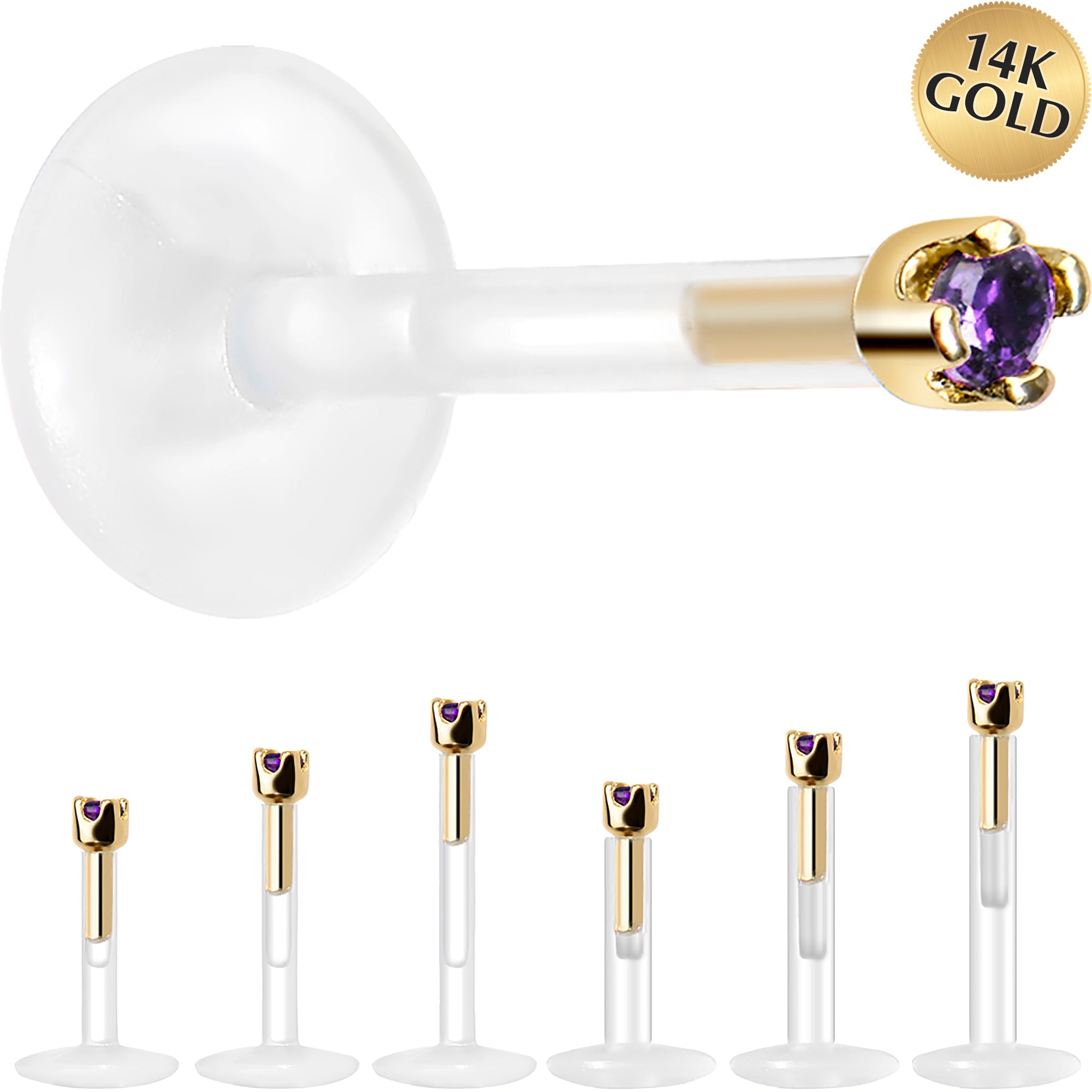 BodyCandy Solid 14K Yellow Gold February 1.5mm CZ Bioplast Push in Labret Monroe — main product shot