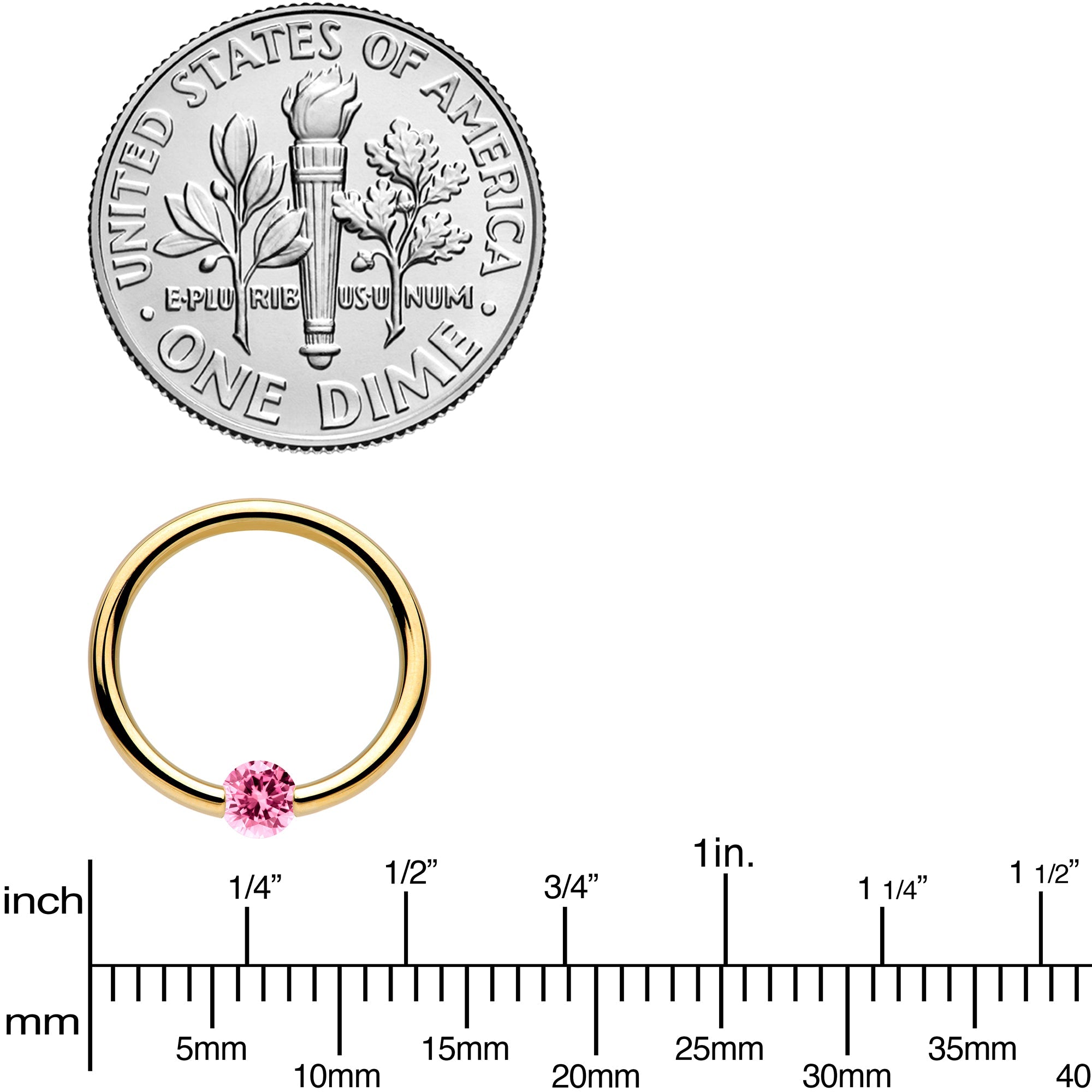 BodyCandy 16G 3/8 Solid 14k Yellow Gold 3mm Pink Cubic Zirconia Tension Captive Ring — side view