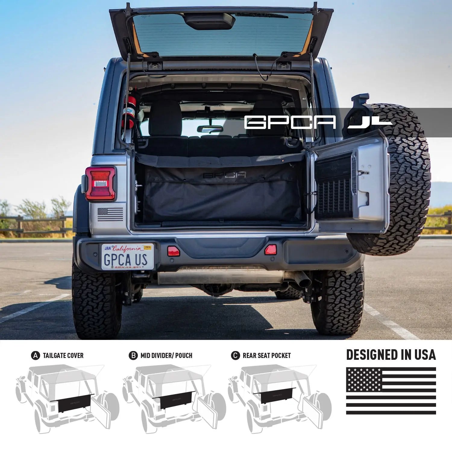 GPCA Jeep Wrangler JL 4DR Cargo Cover PRO (2018+) — flat-lay composition