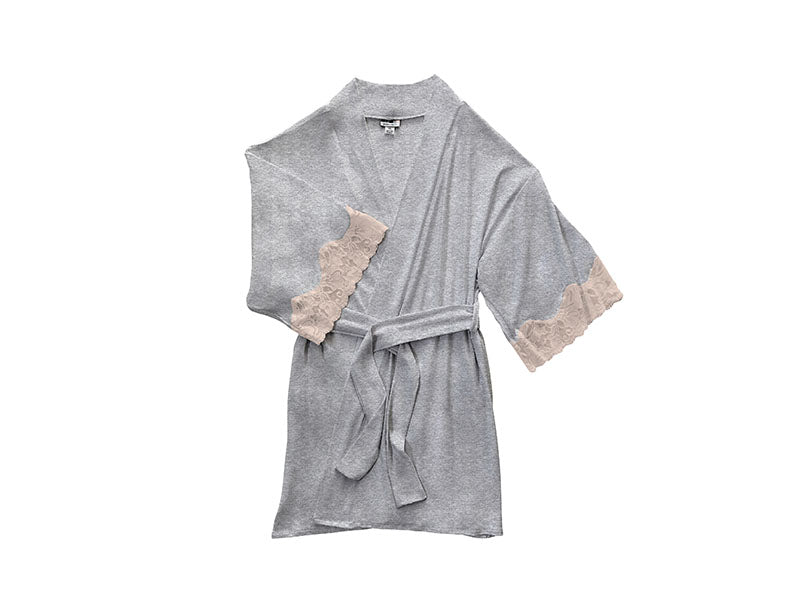 Everviolet Calla Modal Kimono with Lace, Champagne / Heather Grey — detail close-up