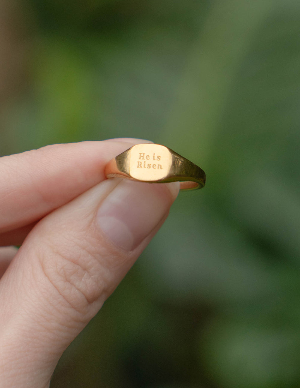Elevated Faith He Is Risen Signet Ring — detail close-up