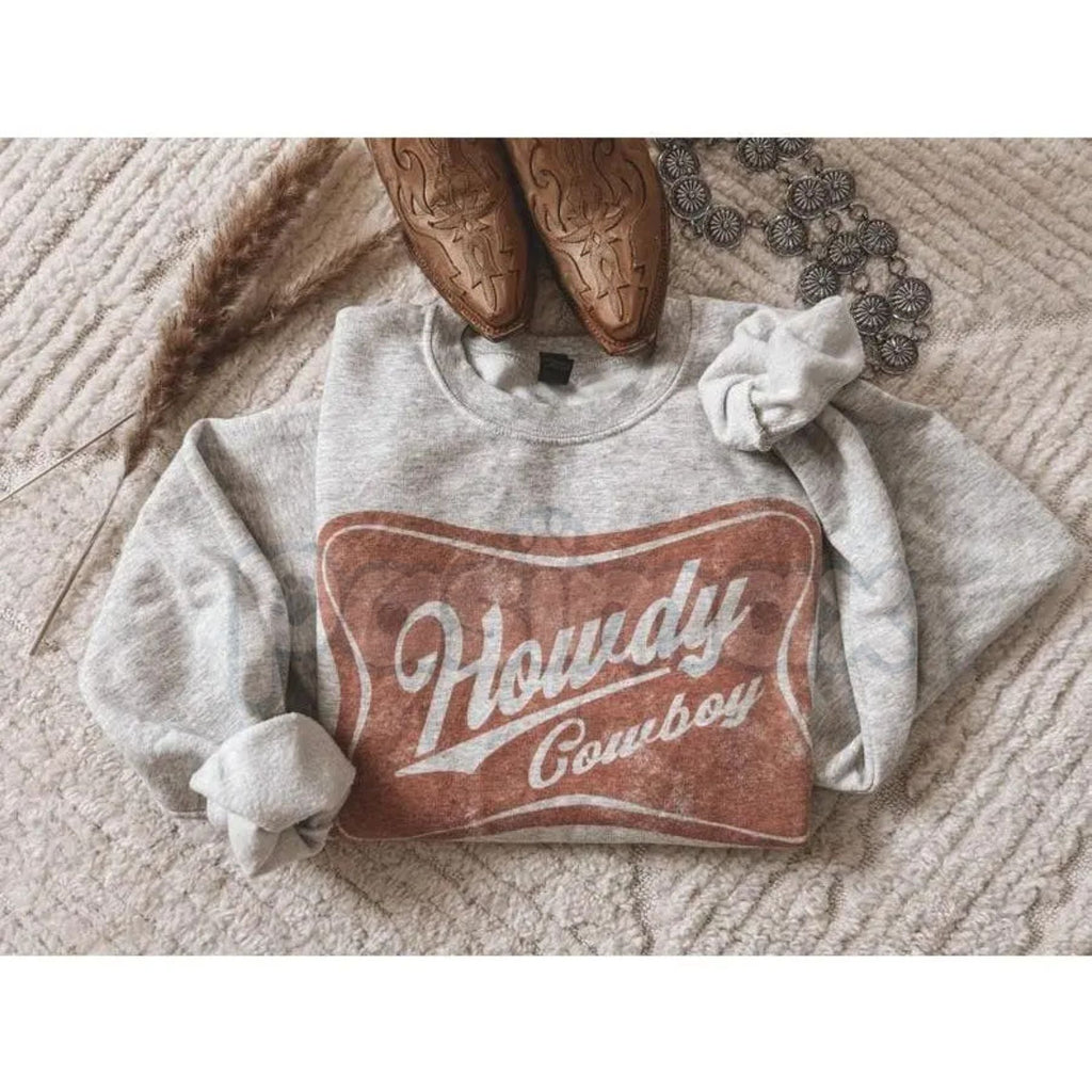 Pasimax Howdy Cowboy Crewneck Sweatshirt | Western Graphic Jumper | Yeehaw Retro Rustic Shirt | Cowgirl Aesthetic Country Gif